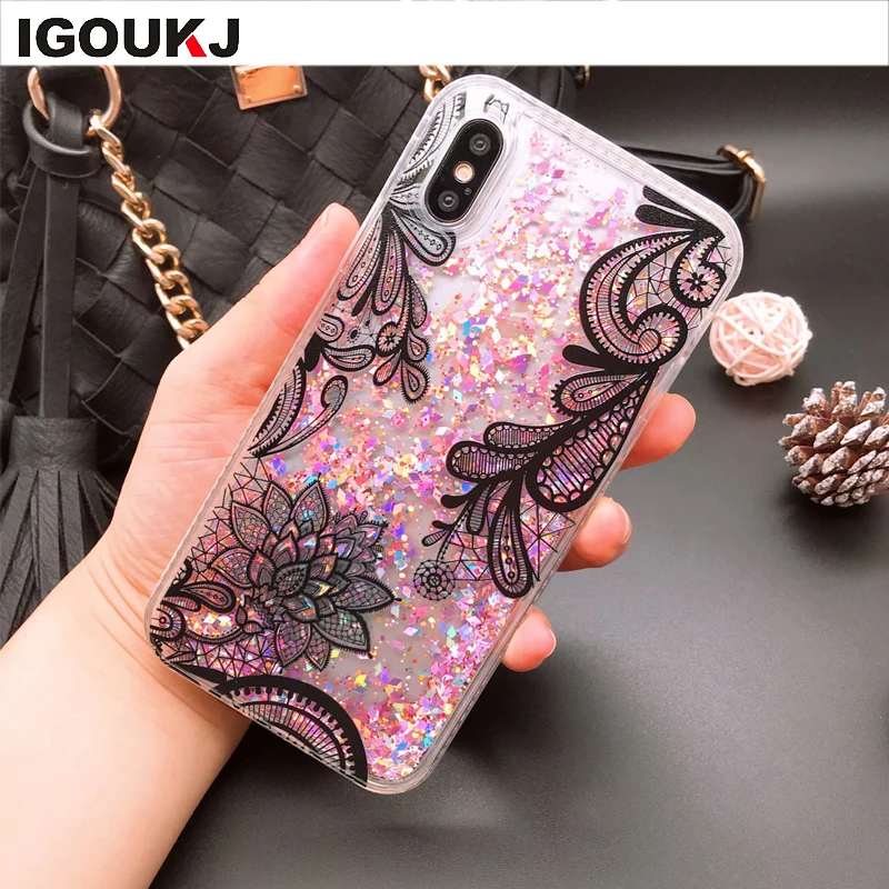 

Free shipping New glitter liquid quicksand flower cellphone back cover soft TPU accesory for iphone 6 7 8 plus X phone case