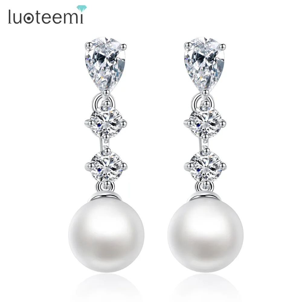 

LUOTEEMI Brand CZ Jewelry Classic Water Drop Luxury Cubic Zirconia Crystal Pearl Wedding Bridal Earrings For Brides