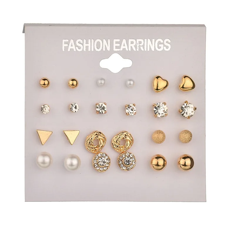 

Trendy Style 12 pair/set Square Crystal Heart Stud Earrings Women Piercing Simulated Pearl Flower Earring, Golden