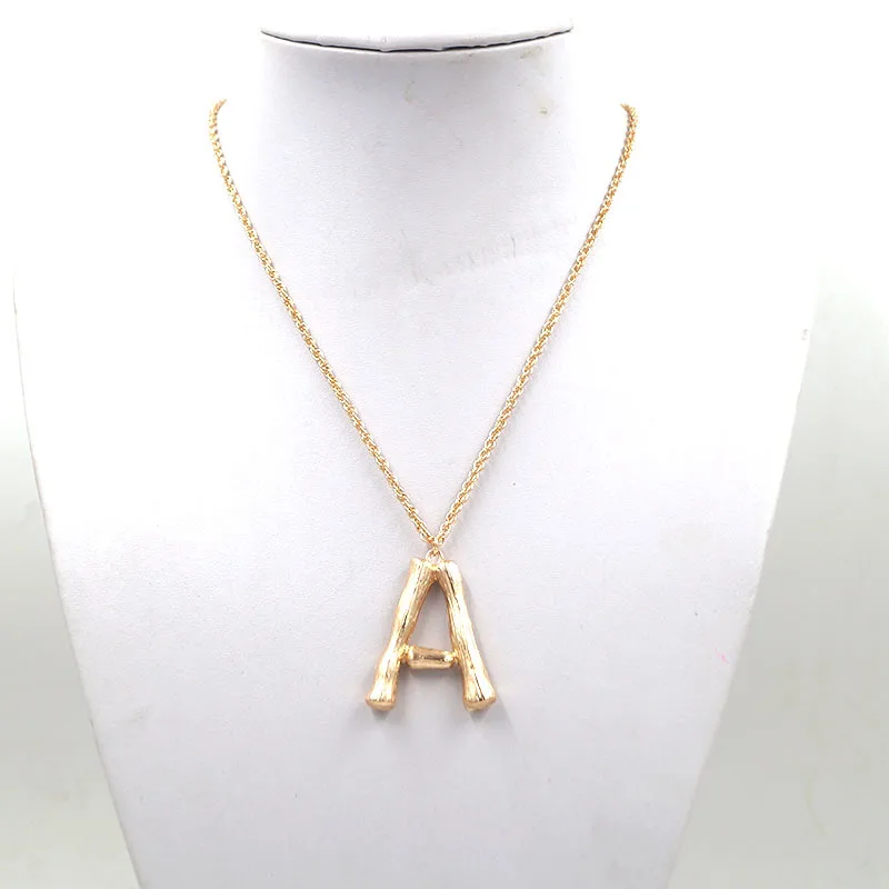 

Gold Metal Hammered Metal Bamboo 26 Letters Alphabet A-Z Minimalist Initial Pendant Necklace Fashion Long Chain Neck Jewelry, Picture