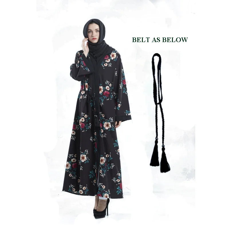 
2018 Wholesale black elengent new floral printed muslim dress umbrella abaya with belt for women manufacturer 