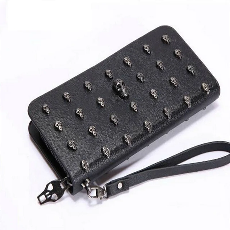 

Fashion Long Skeleton vintage long PU leather purse clutch wallet non-mainstream punk Skull Rivets Bag for men and women, Black