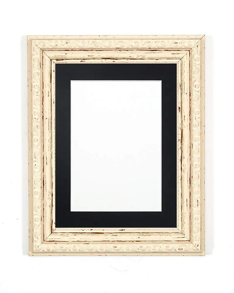 FRAME Company Distressed White Ornate Shabby Chic Picture/Photo/Poster With Black Mount With A High Clarity Styrene Shatterproof Perspex Sheet 14"X11" For 12" X8 Picture
