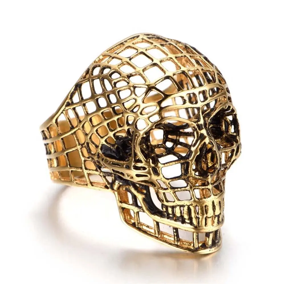 

Distressed gold plated metal ring alloy hollow skull ring