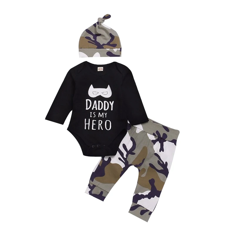 

Kids Autumn Clothes Baby boy Clothing Sets Newborn Baby romper Long Sleeve T shirt+Pant+Hat 3pcs Baby Outfits Set, Picture shows