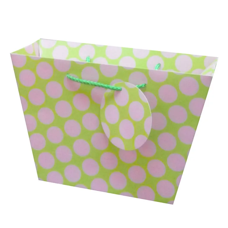 Best Sale Green Purple Dots Hot Stamping Christmas Paper Bag With Cotton Handle