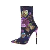 Generous beautifully printed pattern pointed toe shape elastic chunky heel half boots woman boot
