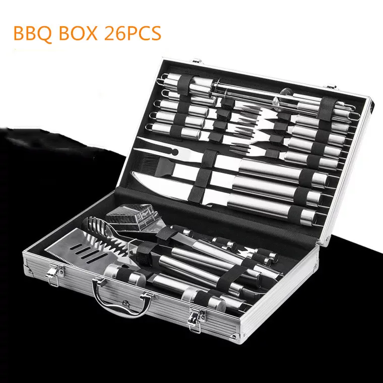 

High quality food grade Stainless steel barbecue grill set BBQ outside grill set with aluminium box, Silver