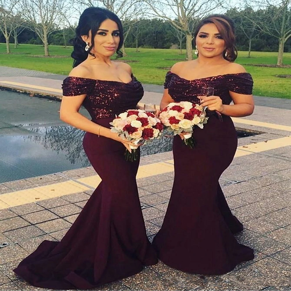 

Promotion Burgundy Mermaid Long Bridesmaid Dresses Sequined Wedding Guest Dresses Plus Size Maid of Honor Gowns, Custom made