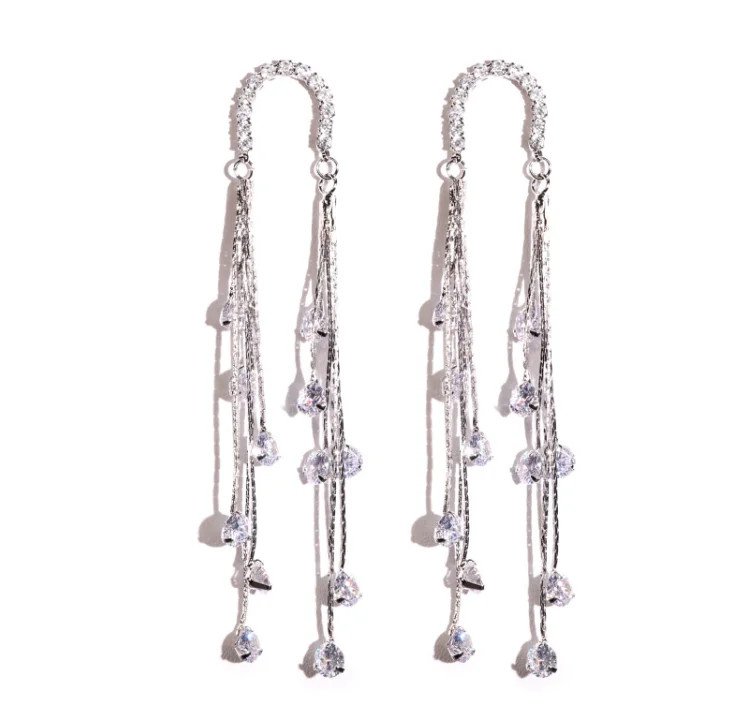 

Sterling Silver Stud Long Tassel Earrings Cubic Zircon CZ Drop Chandelier Earrings for Women Party Gifts, Picture