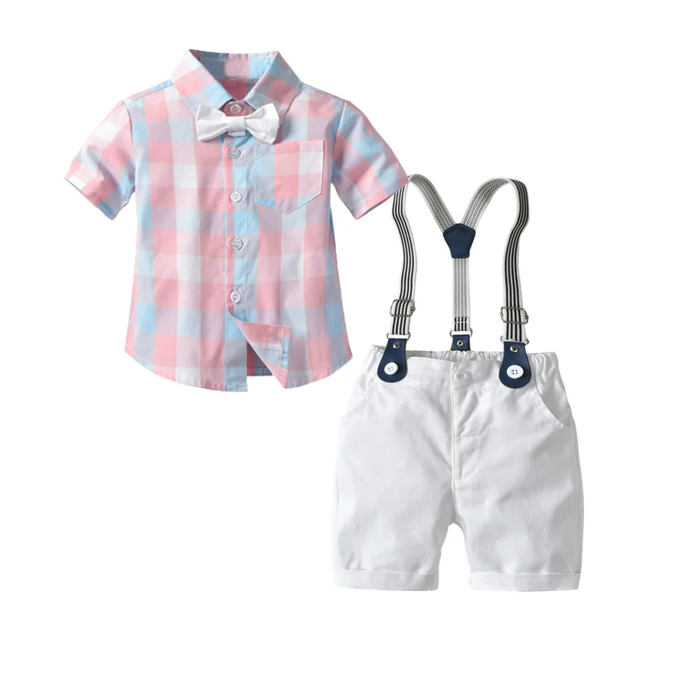 

wholesale Gentleman style suspender bow tie infant romper set kids plaid clothing baby clothes costume for children