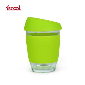 Image of Factory Custom Logo Glass Coffee Cup with silicone lid and sleeve