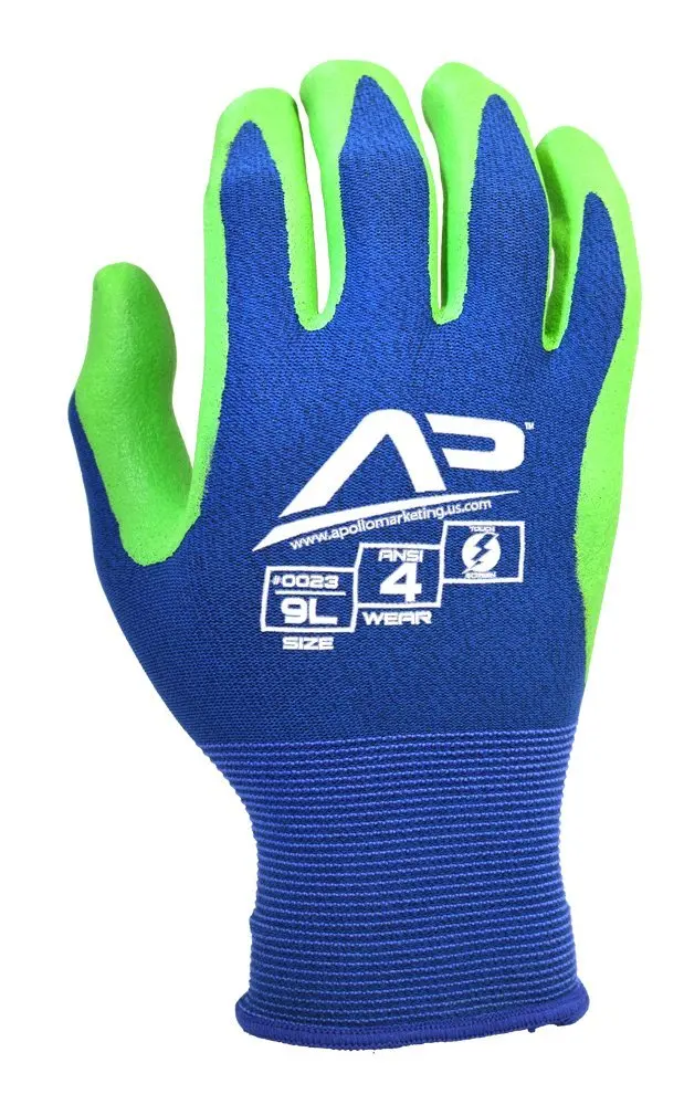 Apollo Performance Work Gloves 21, Ultra Sheer Assembly Multi-Task Glove with Foam Nitrile, 18 Gauge Nylon Knit, Touch Screen Capabilities with Lightning Touch Technology , 1 Pair, Small, Blue/Green