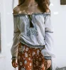 Ethnic Embroidery Women Cotton T-shirt Summer Slash Neck Lantern Long Sleeves Crop Tops Hot Sexy Ladies Blouse Tops STb-0563