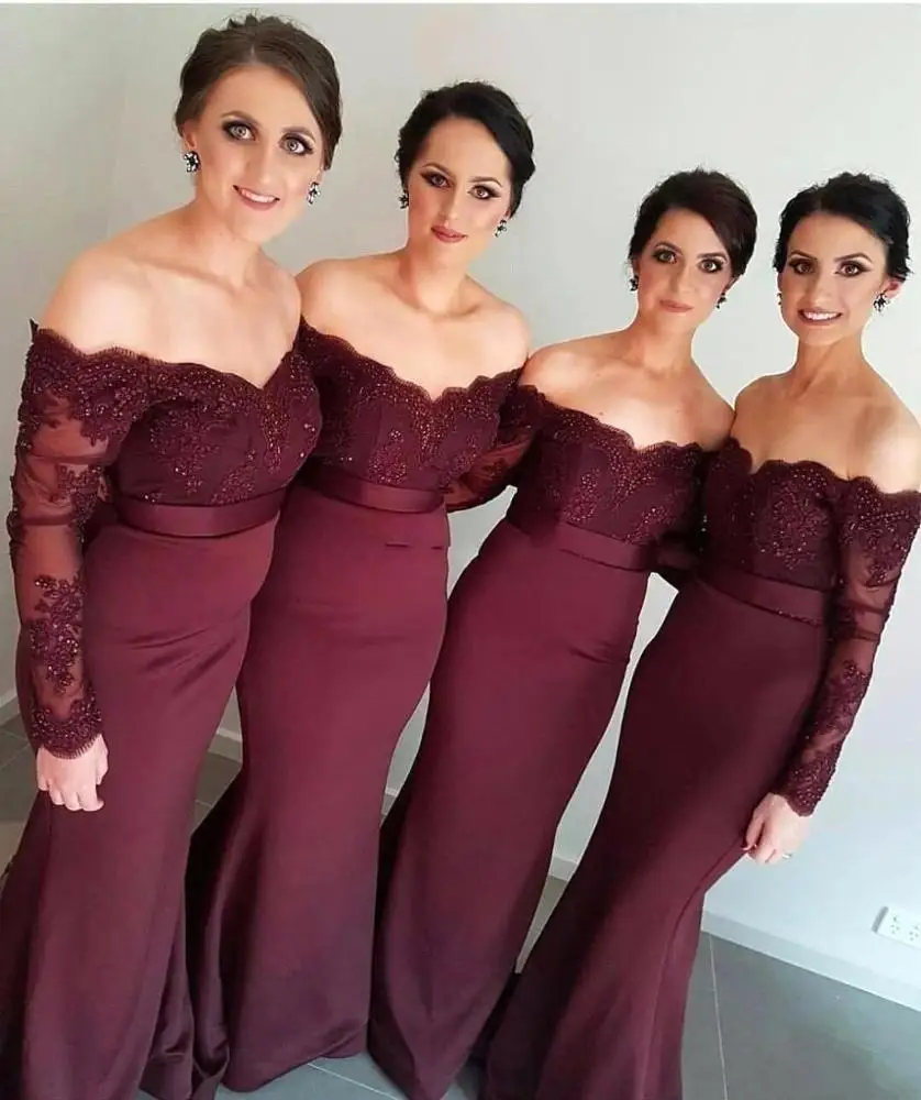 

ZH0818X 2019 Long Sleeves Bridesmaid Dresses Sexy Backless Off Shoulders Appliques Sequins Long Prom Dress Bridesmaid Dress, Burgundy