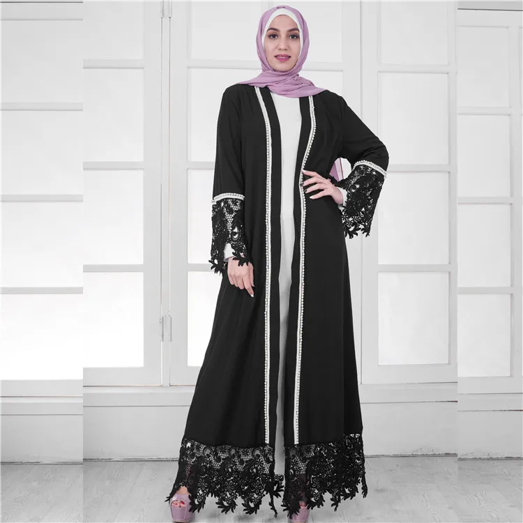 

Islamic clothing wholesale fashion kimono abaya muslim turkish cardigan style open lace pearl abaya, Black,white