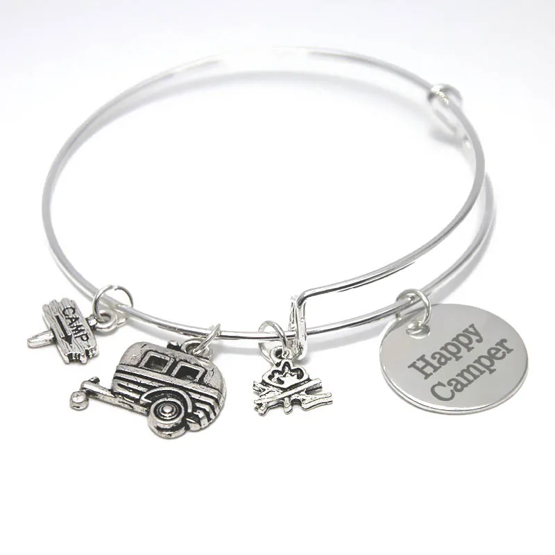 

Camping Happy Camper Bracelet Expandable Bangle Charm Bracelet Jewelry