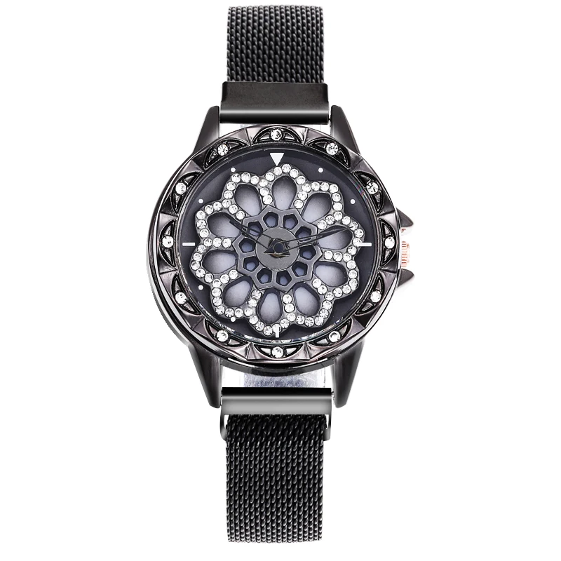 

WJ-8052 Cheep chinese watch stock 2019 Woman thin black watch Stainless steel black band Fashionable magnetic crystal wristwatch