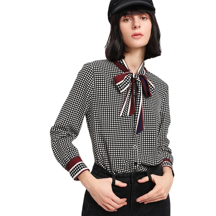 

2018 Spring Long Sleeve Stand Collar Tied Neck Bow Plaid Shirt ladies Elegant Polka Dot Blouse, White