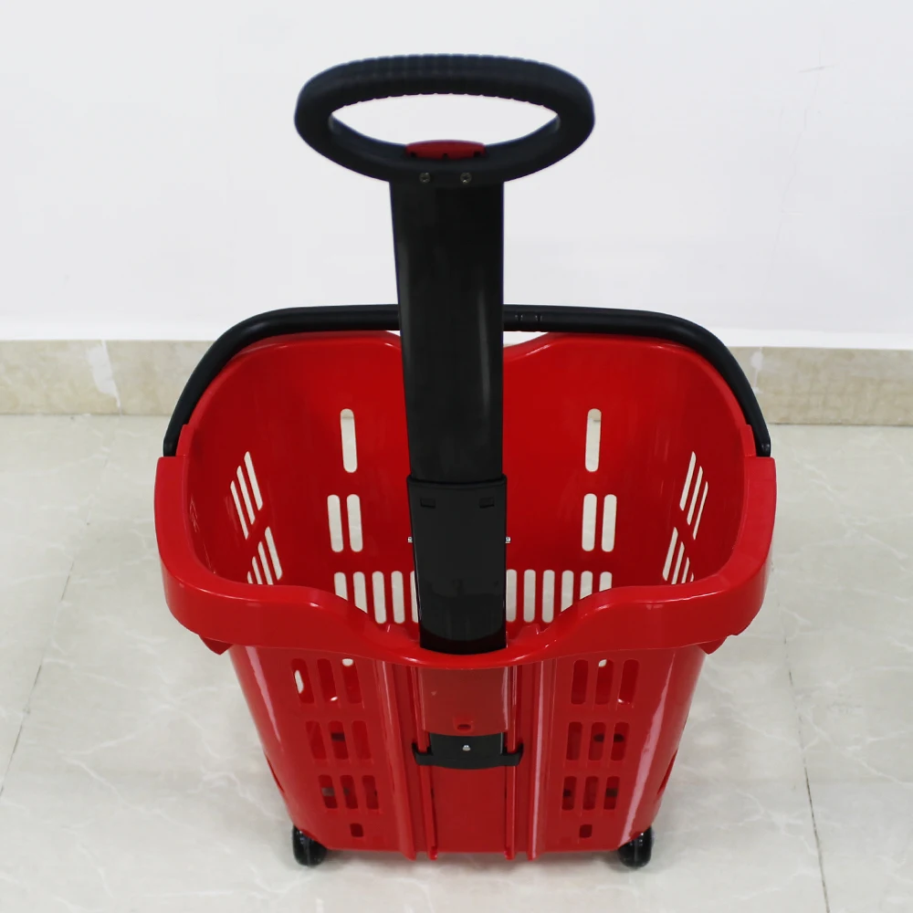 超市塑料滚动购物手推车篮子与手柄与 2 轮批发