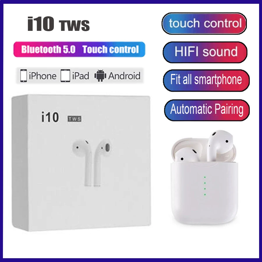 

I10 TWS V5.0 sport touch blue tooth wireless earphones with charging case