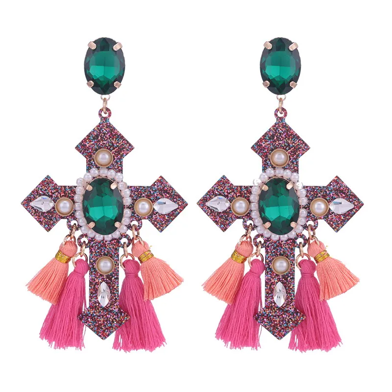 

Boho Crystal Flash Cross Big Drop Earrings For Women Statement Oorbellen, 10 color