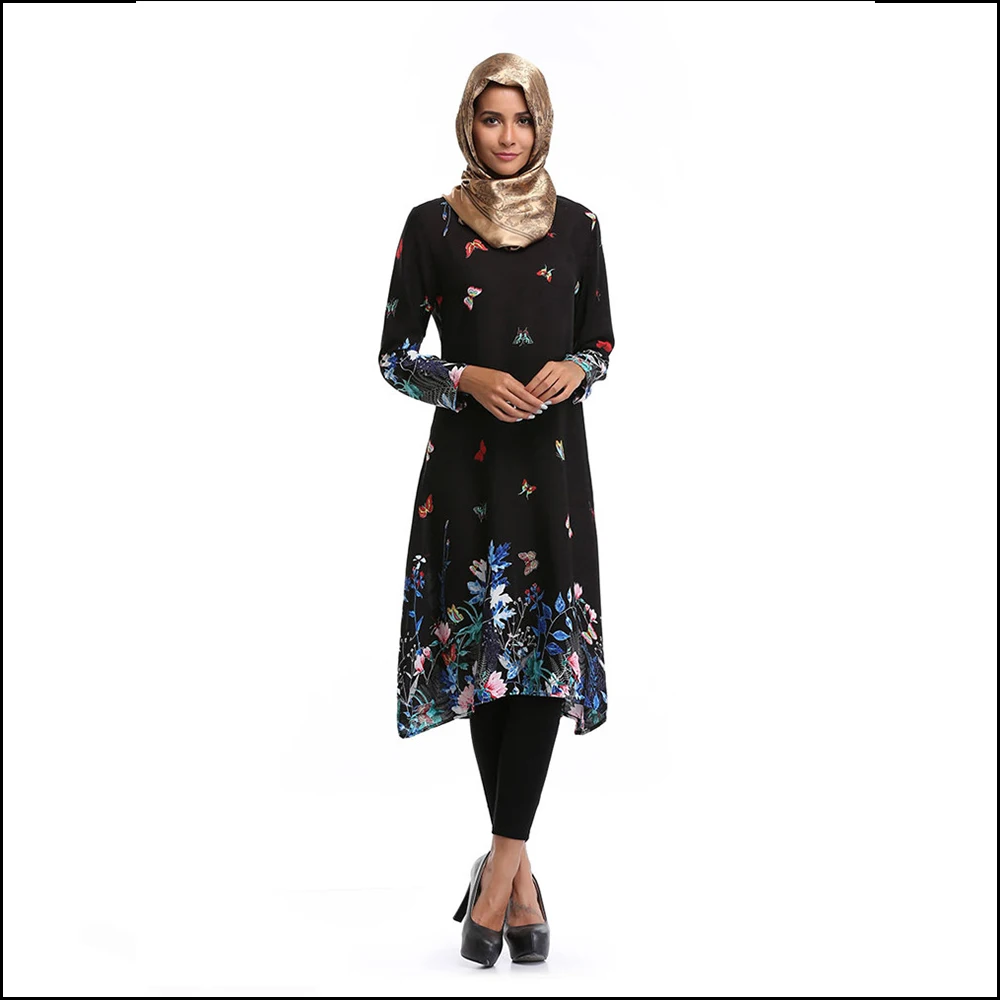 

Flower printed muslim blouse, Black,white