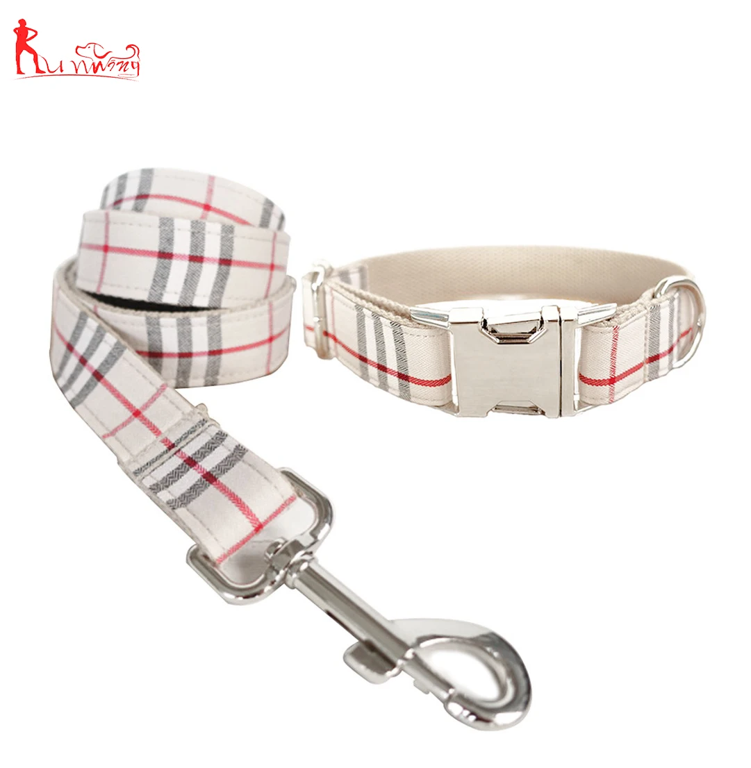 Classic Plaid Leather Dog Collar And Leash Set