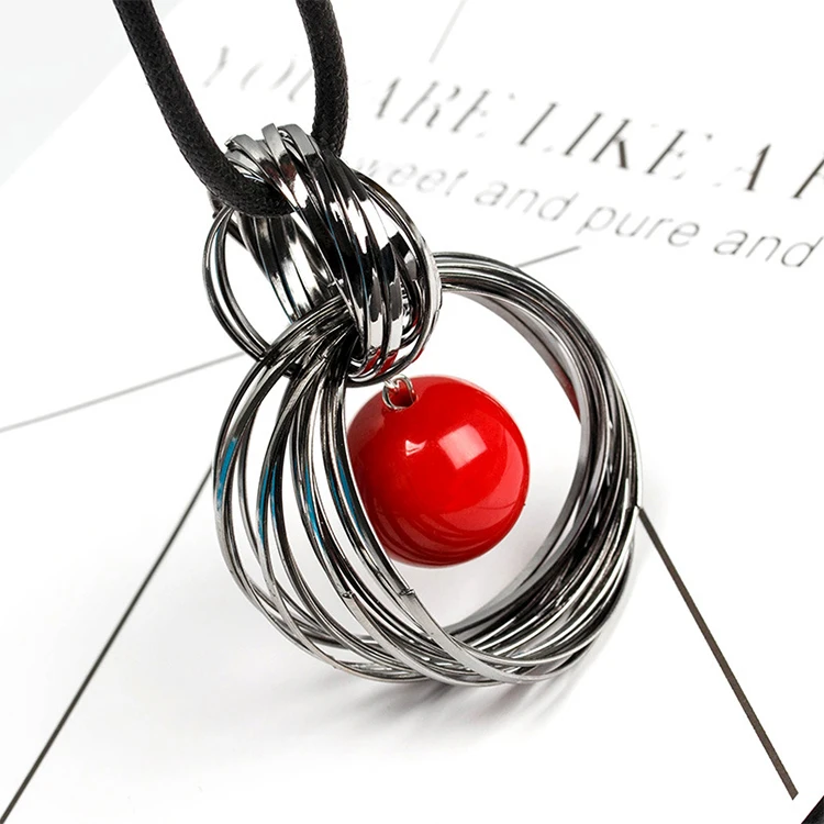 

Red White Pearl Ball Pendant Long sweater Necklace double Circles Simulated Women Black Chain Necklace Fashion Jewelry Wholesale