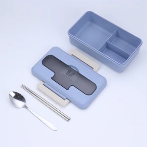 Image of Eco-Friendly Compartment Plastic Stainless Steel Cutlery Bento Wheat Straw Lunch Box
