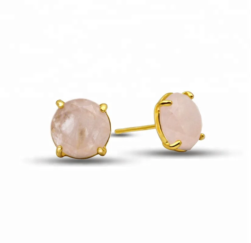 

Guangzhou wholesale round diamond cut classical earring women wearing natural rose quartz single stone gold stud earrings, Pink faceted stud earrings