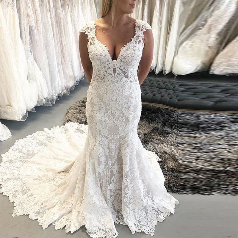 

Fishtail Style Sexy Sale White Lace Indonesia Wedding Dress With Long Tail, White/ivory