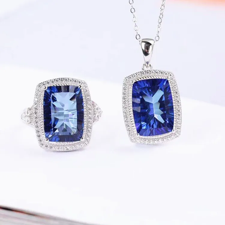 

Hot Sale High Quality Ladies Fashion 925 silver natural Swiss blue topaz Pendant necklace adjustable ring jewelry set For Gift