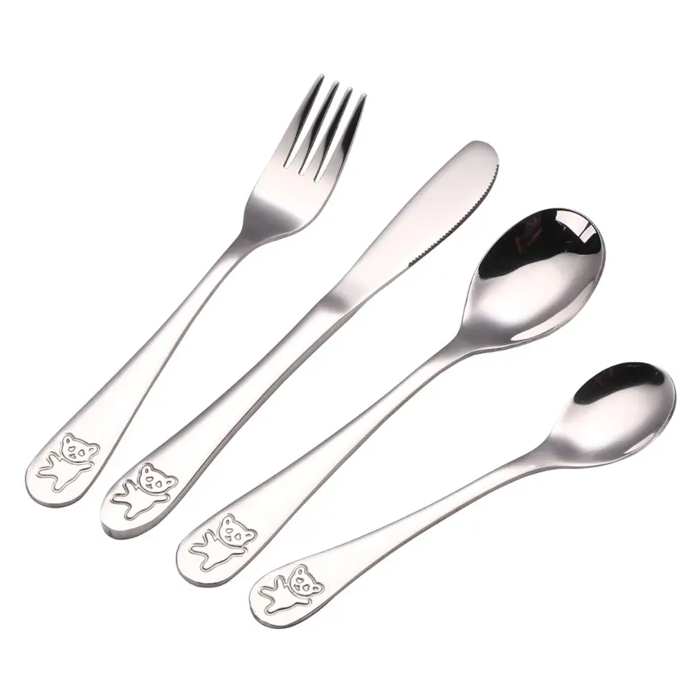 

18/0 Kid Flatware Stainless Steel Cartoon Cutlery Set with Bear Pattern Spoon & Fork Baby Spoon And Fork Silverware Set, Sliver