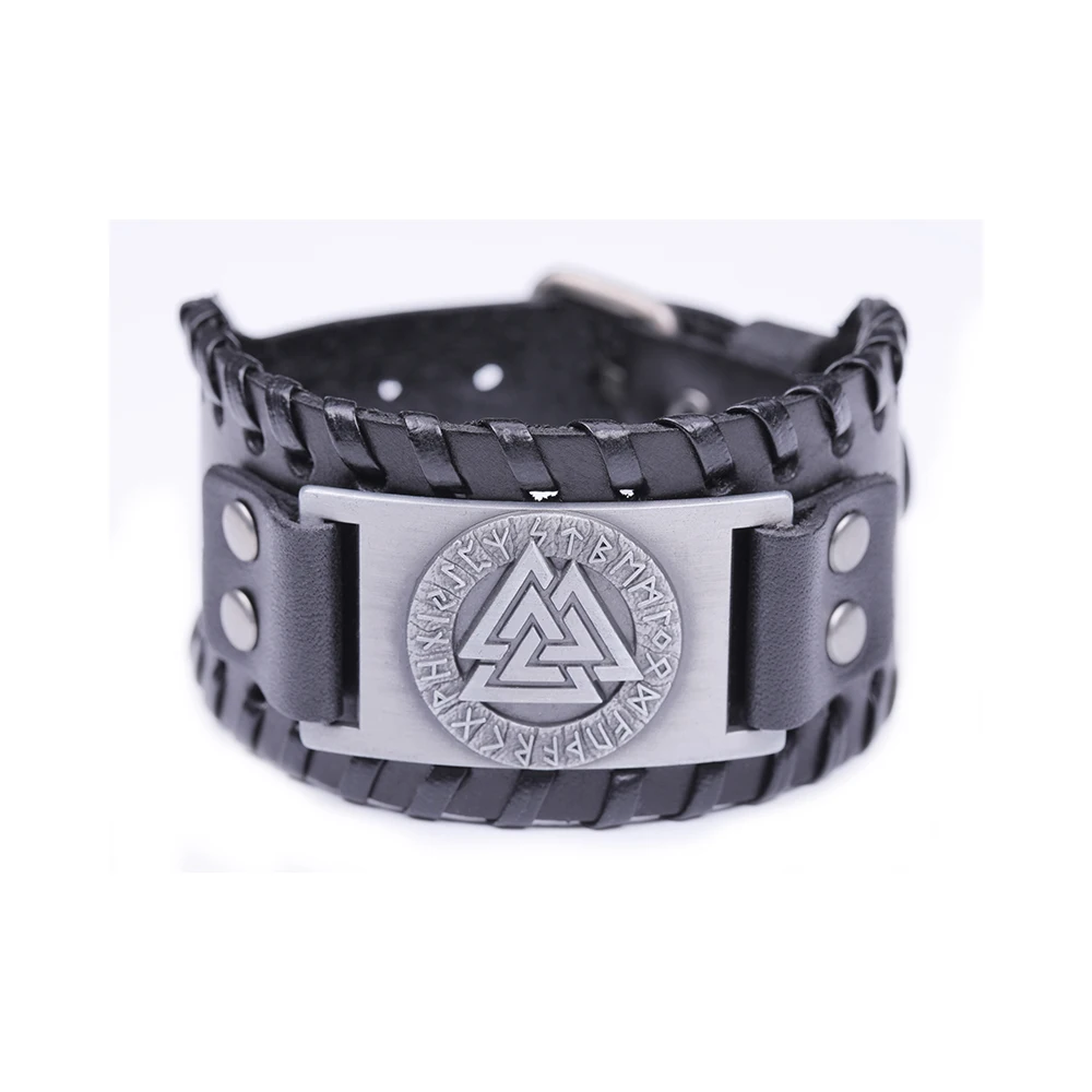 

Vintage Wiccan Jewelry Metal Tag Bracelet Men Handmade Black Leather Bracelet, Antique silver