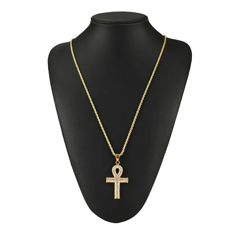 

Mens Charm Necklace Ankh Key Pendant Crystal Stainless Steel Cross Necklace For Men, Gold