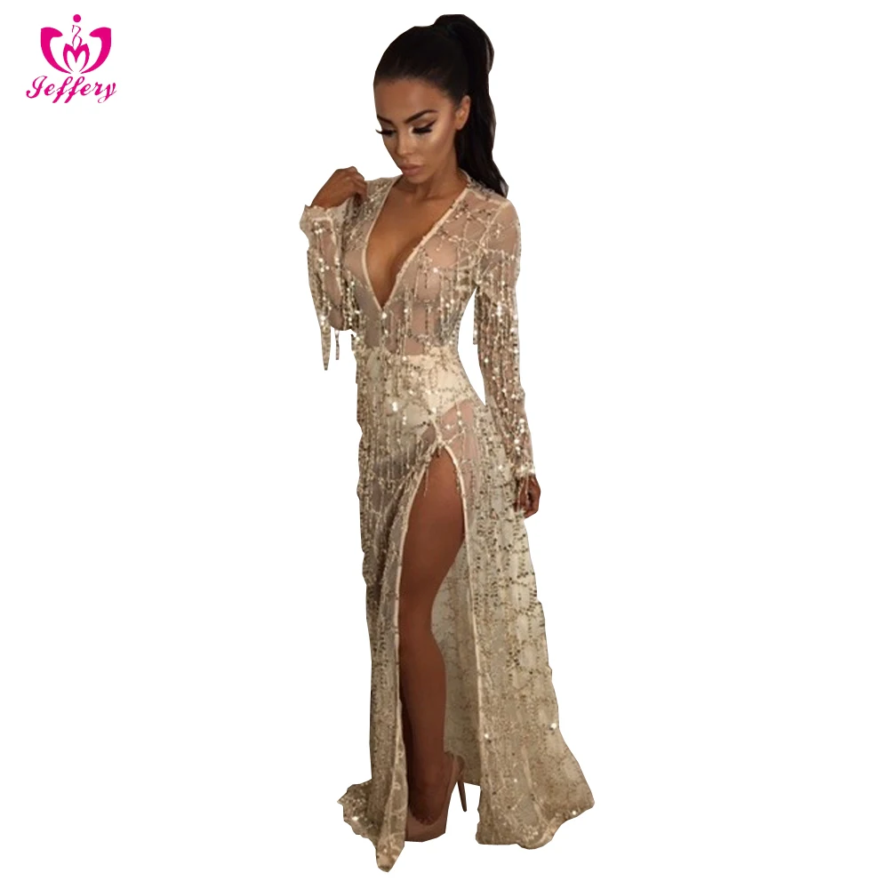 

Hot sale evening dress sequins fringed beach blouse sexy deep V transparent dress sexy dresses for women party, As pic