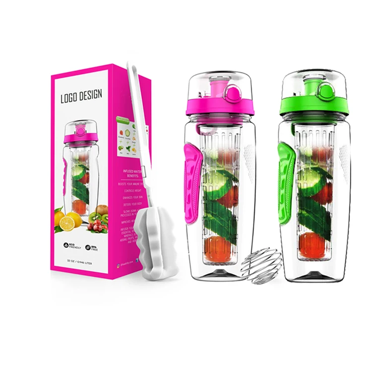 32oz BPA Free Sports Tritan Plastic Water Bottle With Fruit Infuser Basket, Reusable Leakproof Flip Lid Cover and Cleaning Brush
