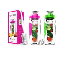 

32oz BPA Free Sports Tritan Plastic Water Bottle With Fruit Infuser Basket, Reusable Leakproof Flip Lid Cover and Cleaning Brush