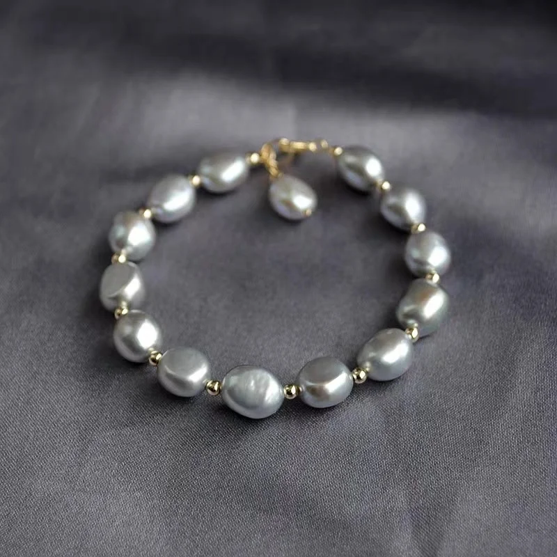 

Beaded women bracelet 8-9 mm AAA cultured fresh water grey baroque pearl silver, White,orange,purple,peacock,silver grey