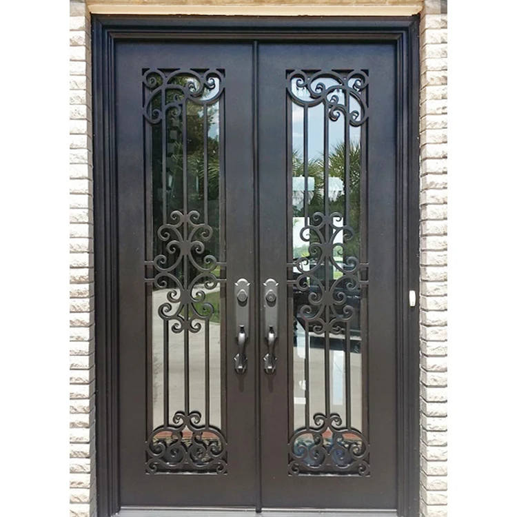 Factory Direct Cheap Contemporary Double Swing Wrought Iron Glass