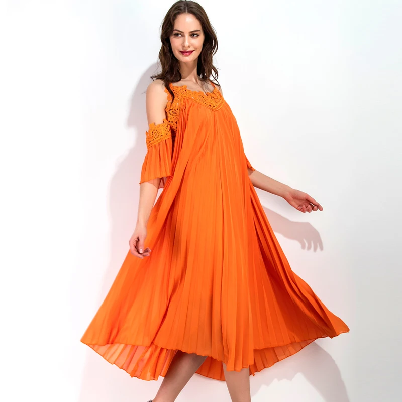 

ZERON METER 2017 Sexy Orange Deep V Chiffon Lace Dress With A Wide Flare For Girl And Women