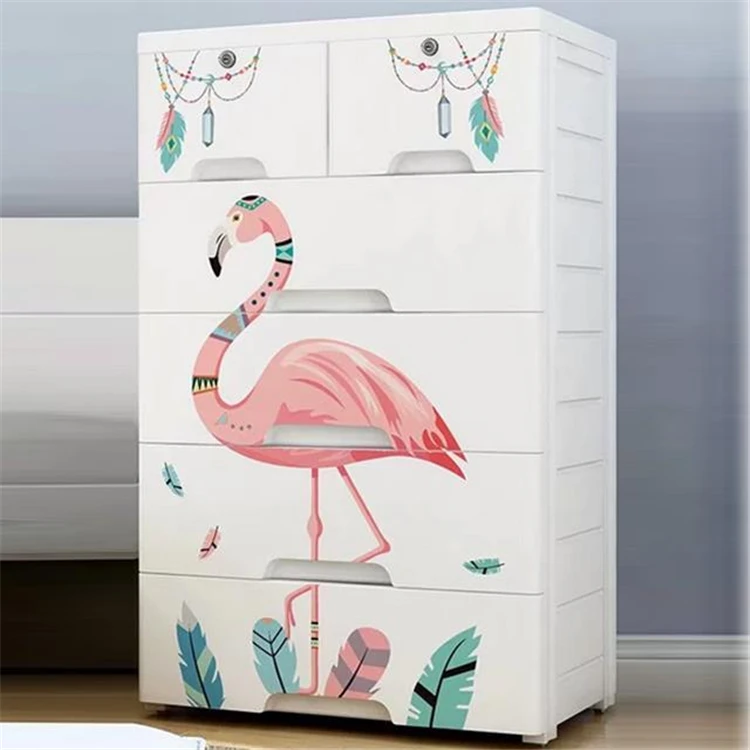 Hot sale flamingo pattern stackable 5 layer cabinet storage plastic clothing drawer with two lock