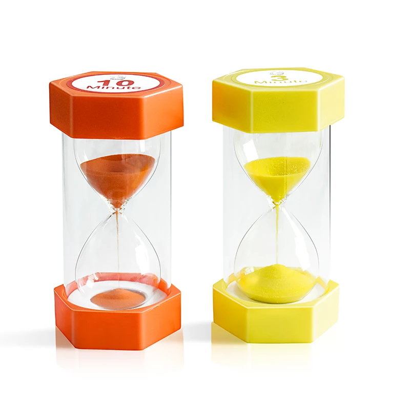 

Plastic 3 min yellow and 10 min orange sand timer for desktop