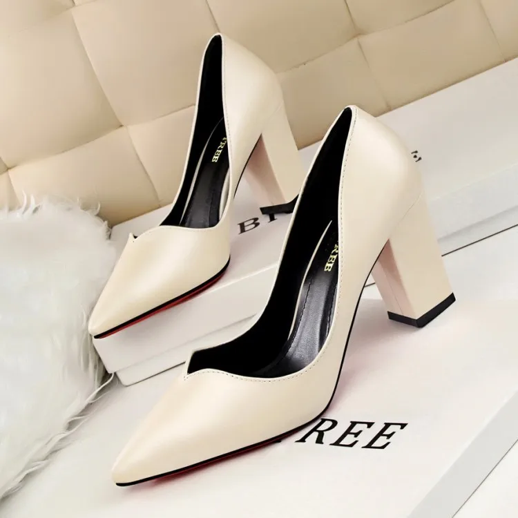 Low Moq Women Square Heel Shoes Sexy Pointed Toe Office Lady Pumps All