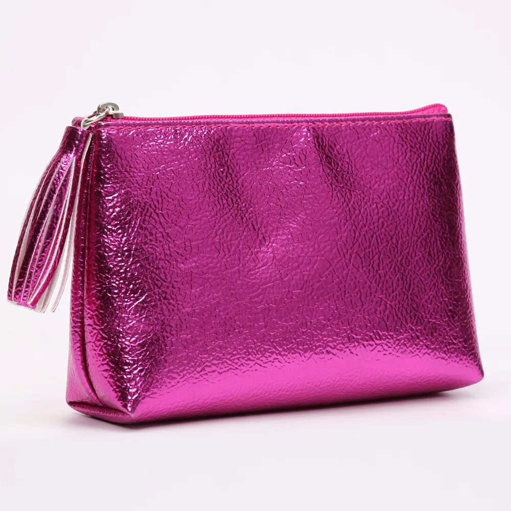 Discount Price Unique Metallic Faux Leather Pink Beauty Cosmetic Bag
