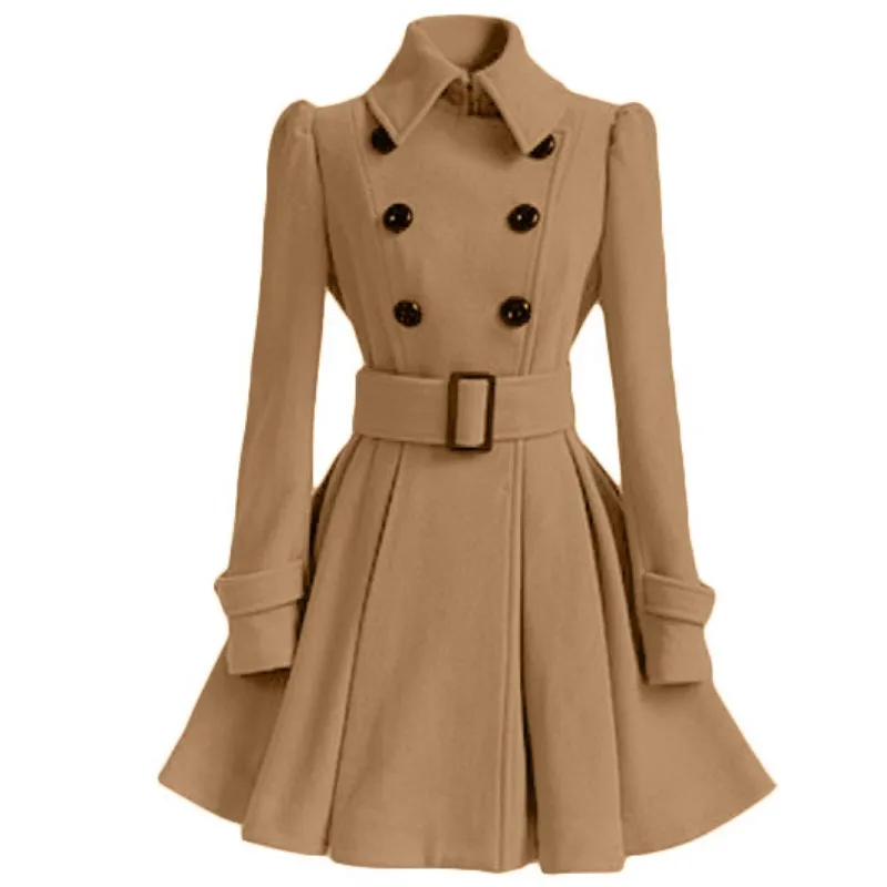 

Fit And Flare Winter Belt Buckle Mid-Long Trench Coat Double Breasted Coat Long Sleeve Casual Dresses Women E10896