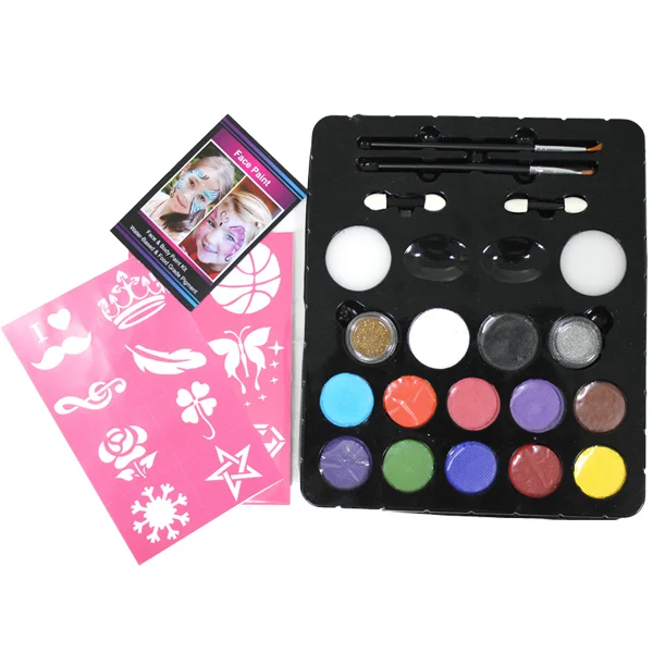 

2019 New Popular 12 color+2 glitter+stencils with Sponges,Brushes,Applicator Face and Body Paint Kit, N/a