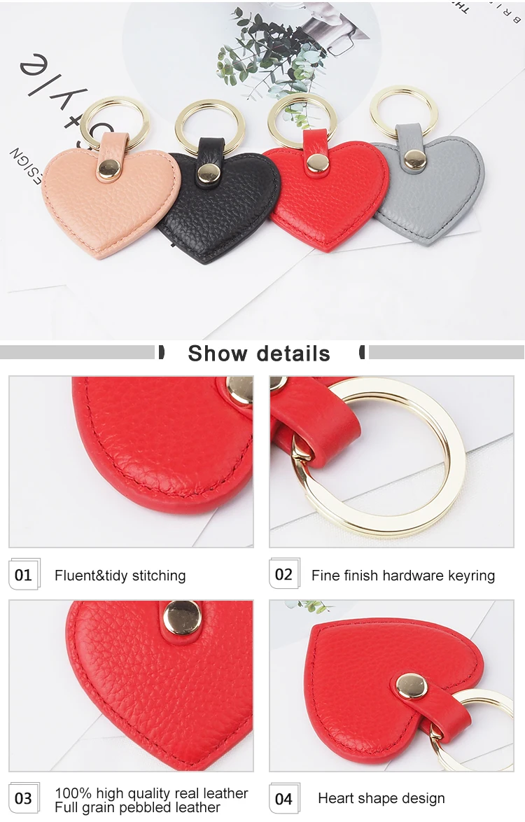 Custom logo genuine leather key ring , Top grain pebble leather heart shape key chain  tag