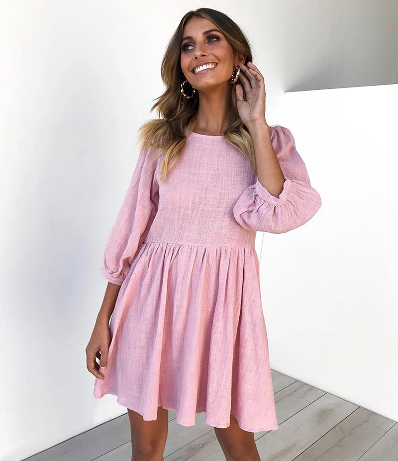 

Women's Shift Dresses Solid Colored Pleated Half Sleeve Vestidos Cotton 100%, Pink, apricot,light blue